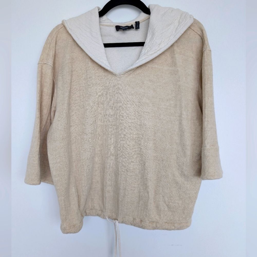 Theory SS Hooded Tee Double Linen Blend Knit Drawstring Hoodie Sz M in Beige